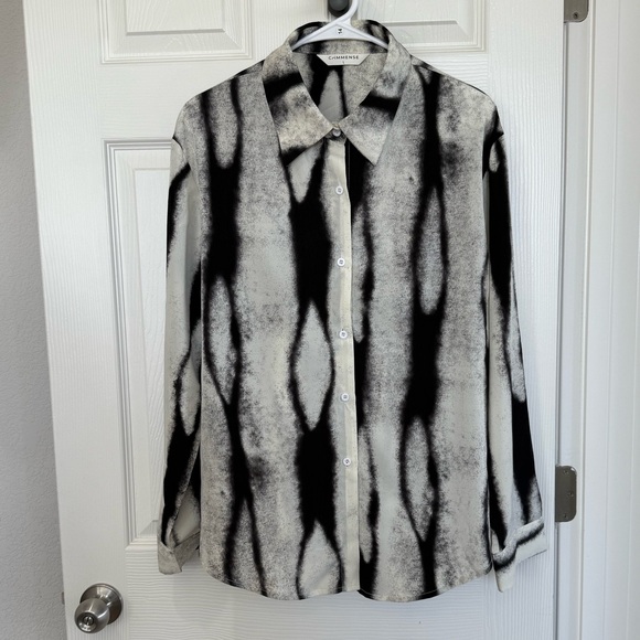Commense Black Tan Print Button-Front Long Sleeve Oversized Top Large - Picture 1 of 7